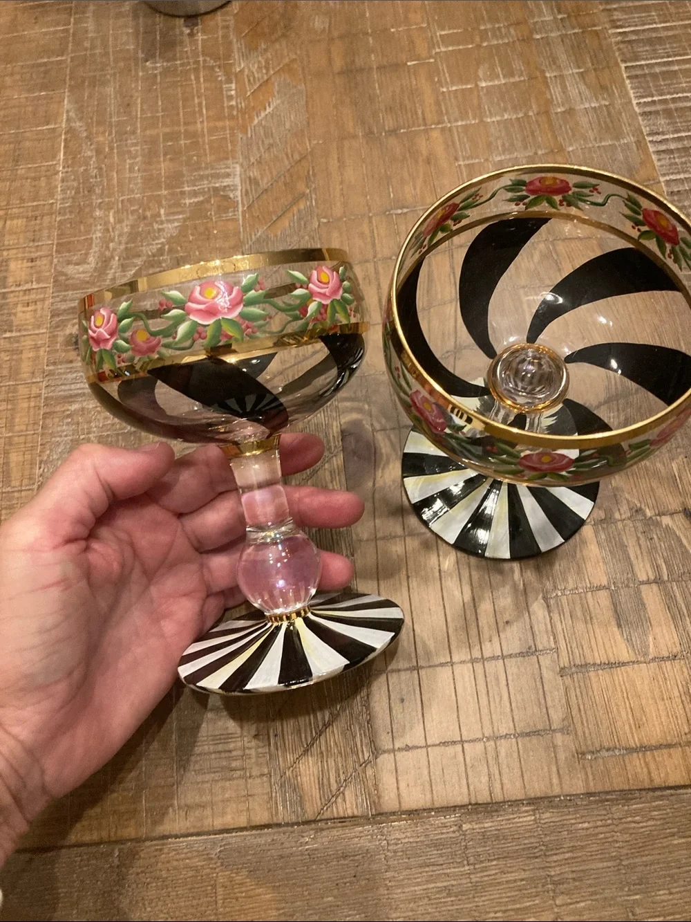 Mackenzie Childs Hand-Painted Floral and Black-White Coupe Glasses Set of 2